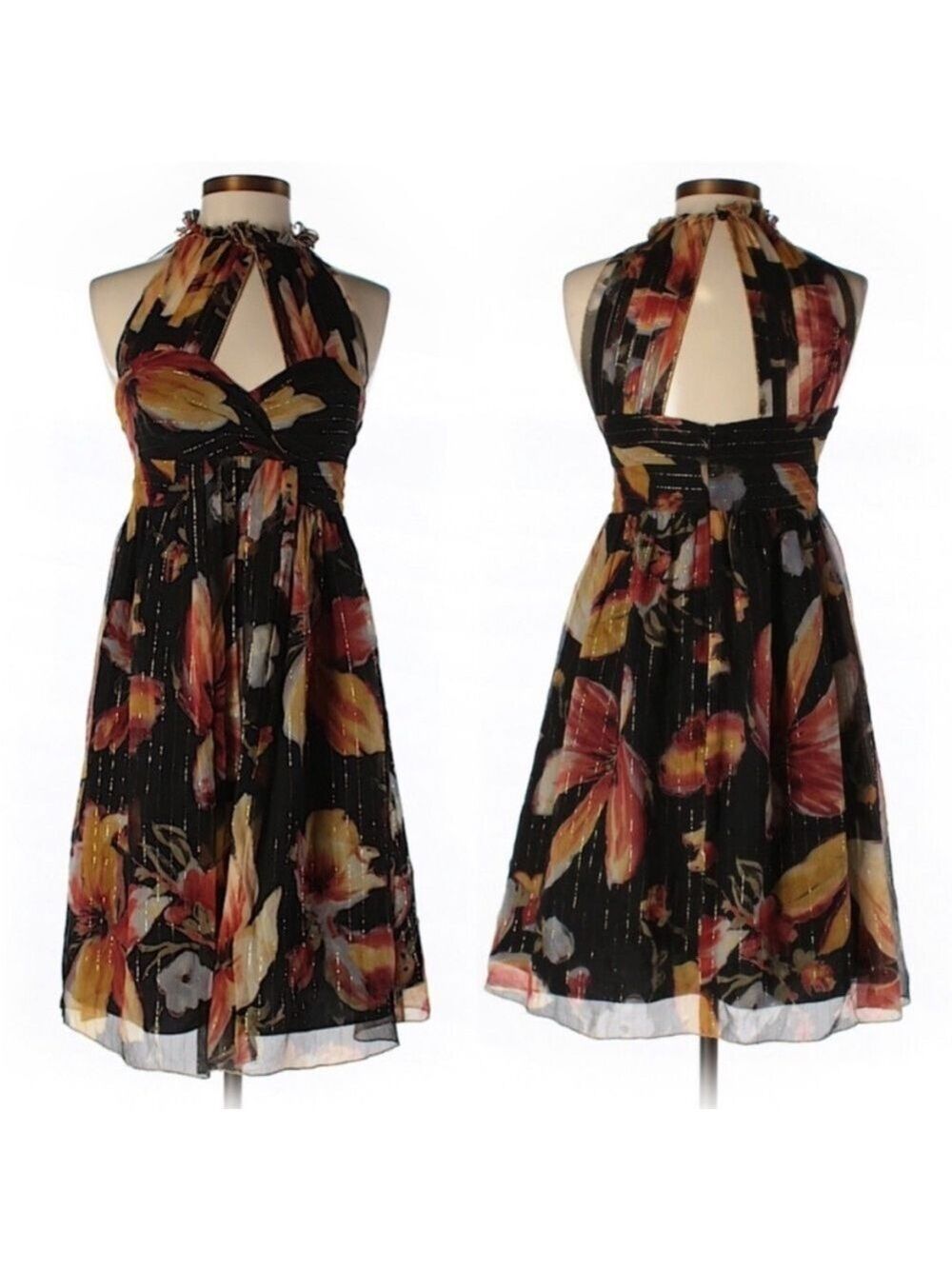 Anthropologie Anna Sui Nagia Iris Black Silk Floral Metallic Halter Dress Size 0